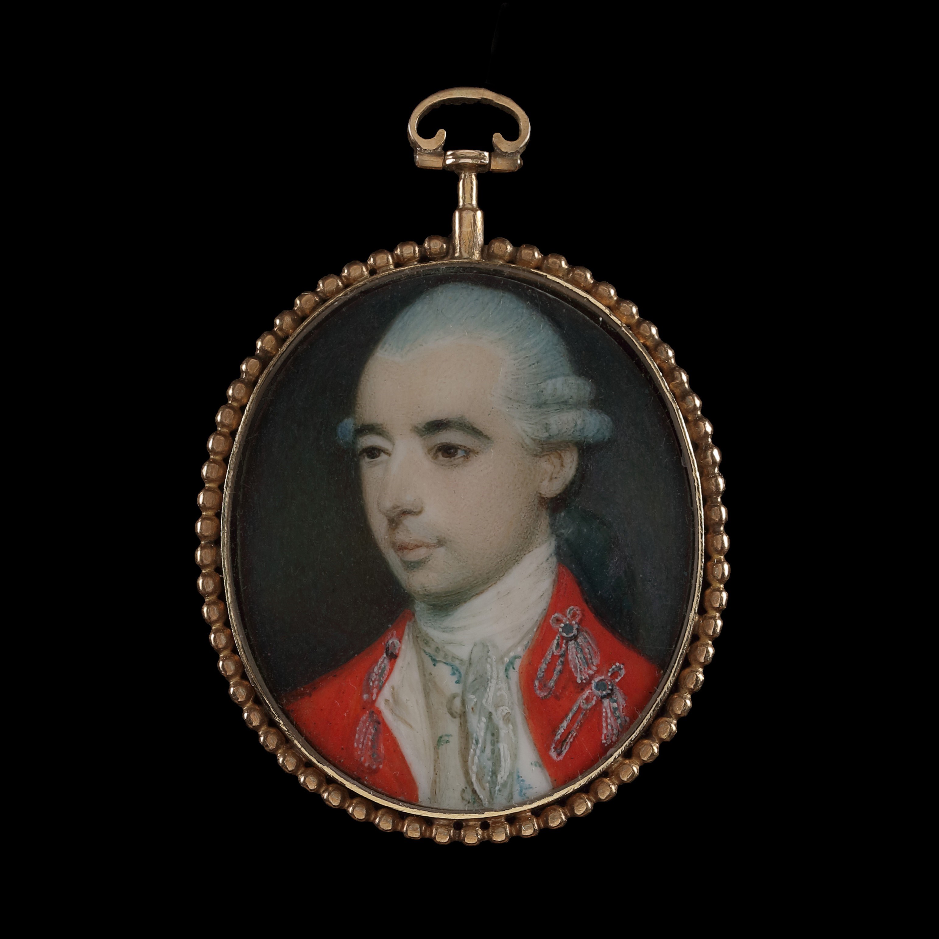 Portrait of a gentleman in military-style dress, his scarlet jacket with silver braid, his cream waistcoat with blue embroidery, his powdered hair worn en queue, circa 1770